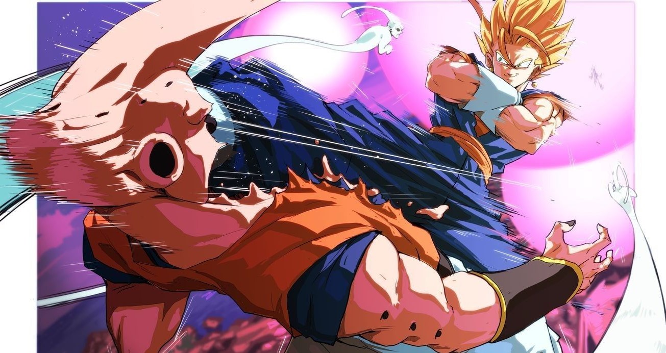 Imagen sobre la fusion de goku y vegeta pateando a Majin Buu